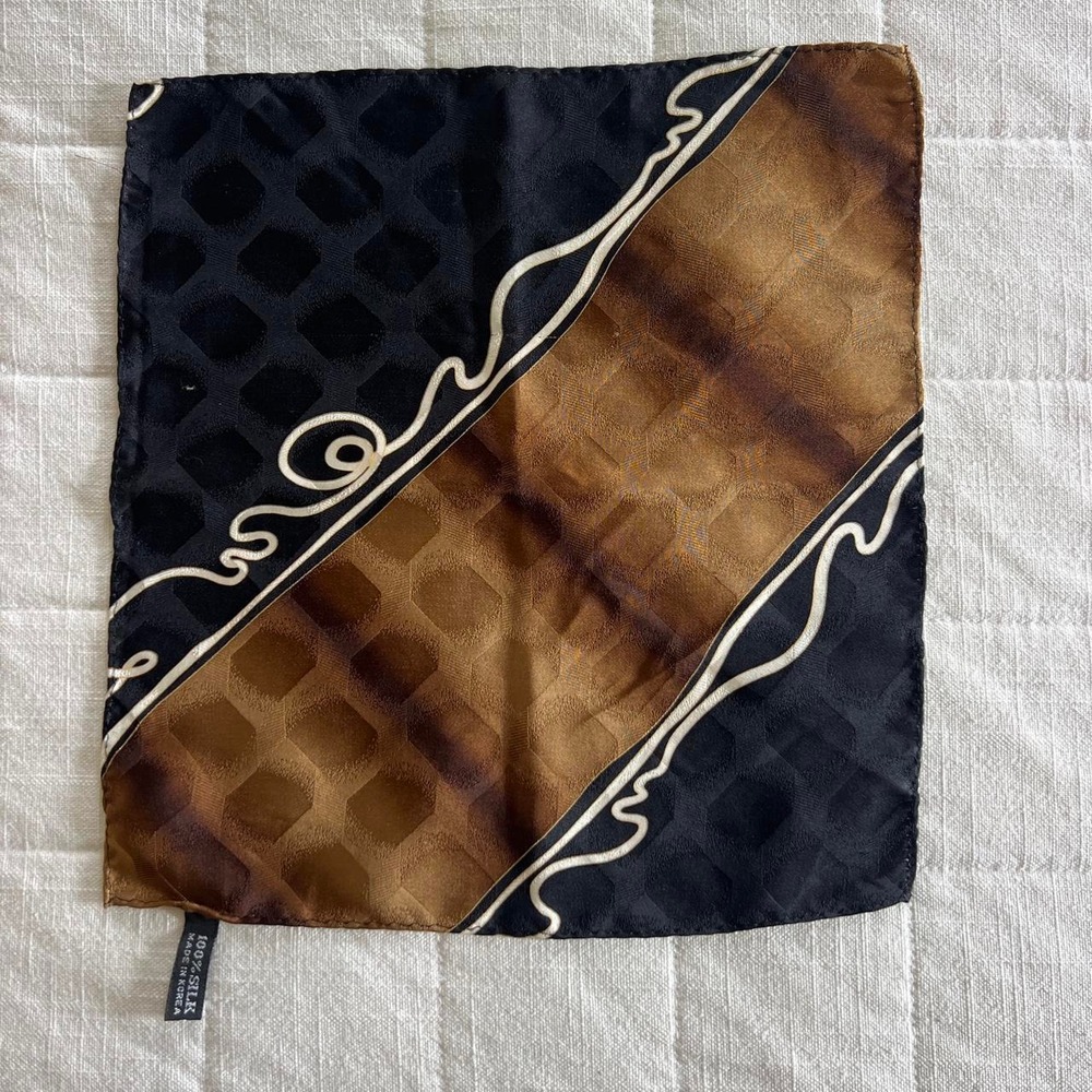 Vintage 100% Silk Brown & Black Geometric Pocket Scarf Made in Korea
